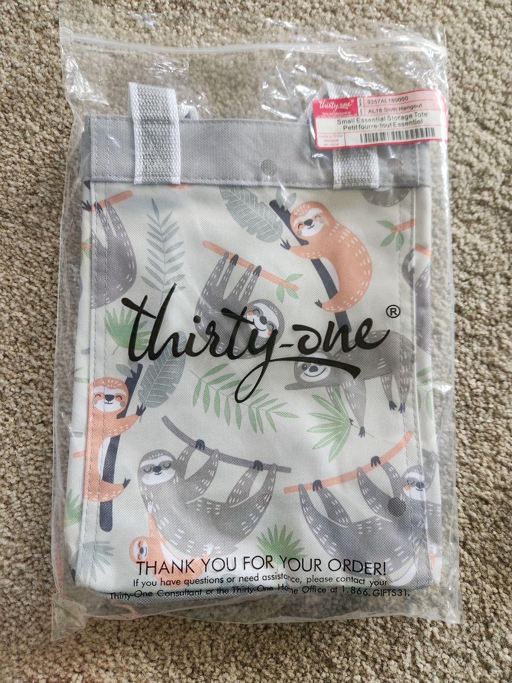 Thirty-One Sloth Print Small Essential Storage Tote
